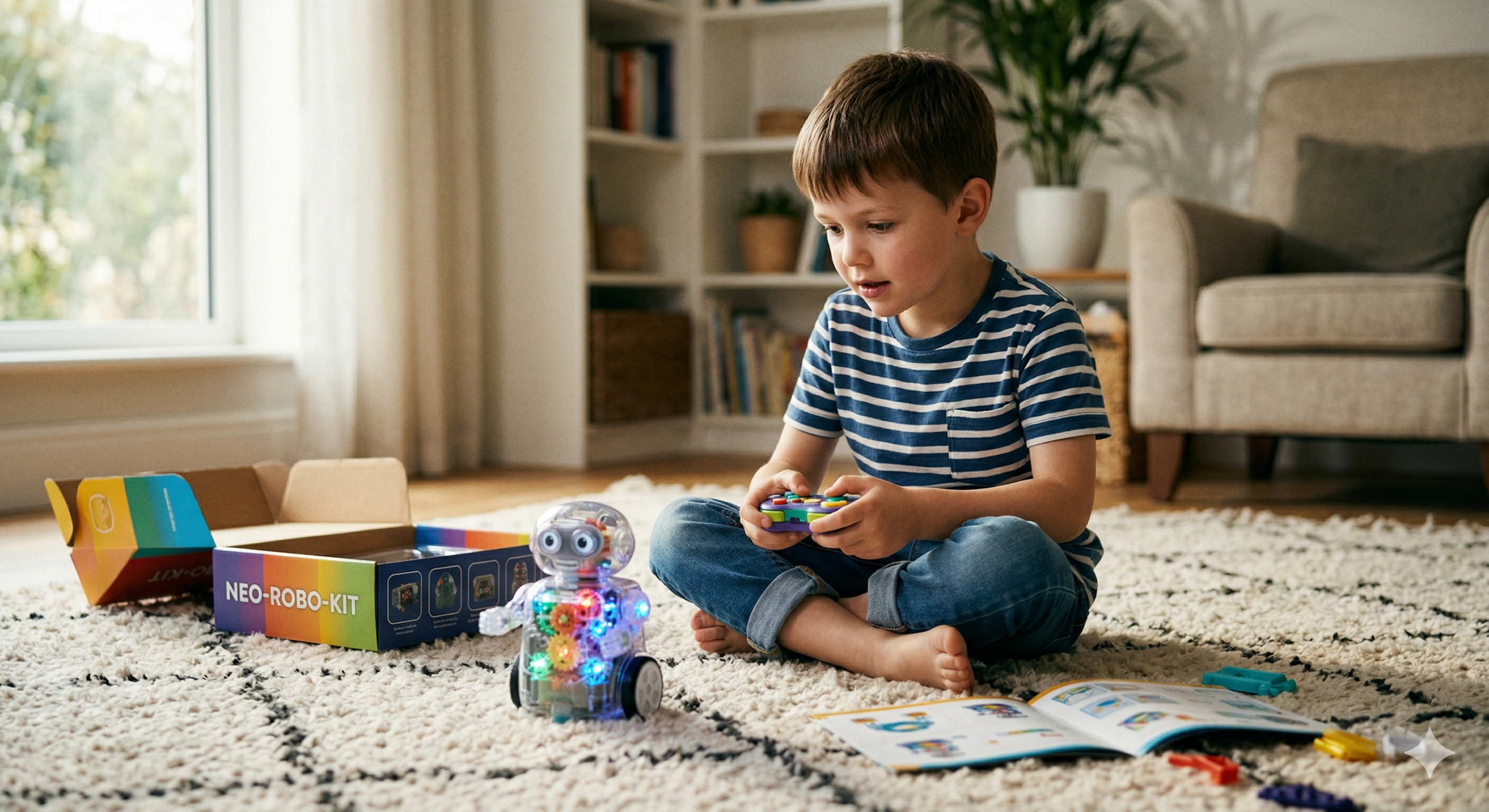 Niño desempacando un robot